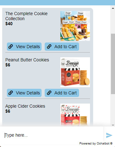 Add-to-cart screenshot of ochatbot showing different cookie options a customer could add to their cart.