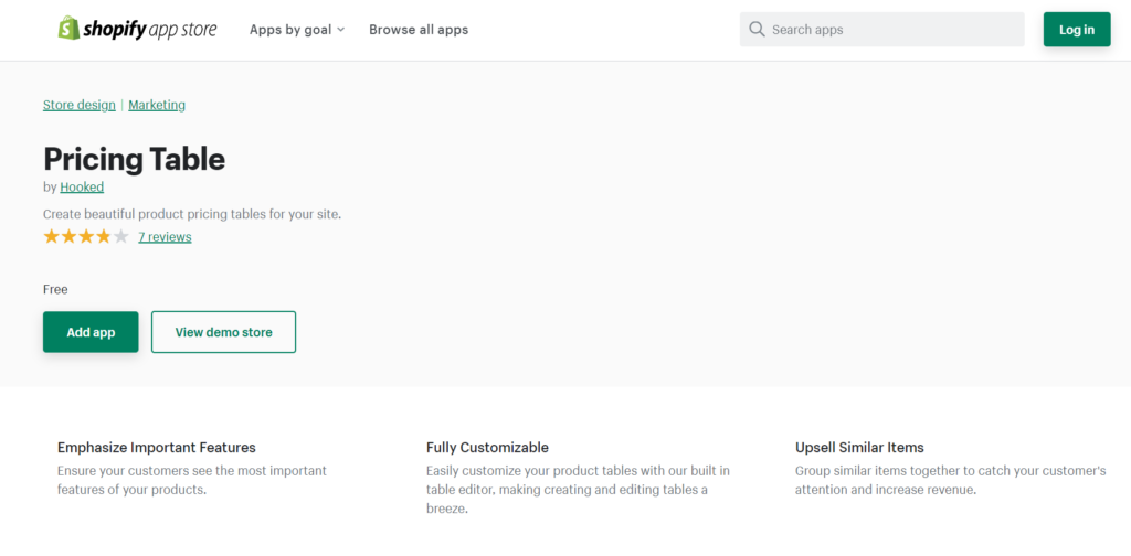 price table app for shopify