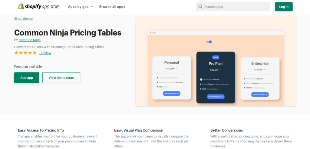 Common ninja pricing tables